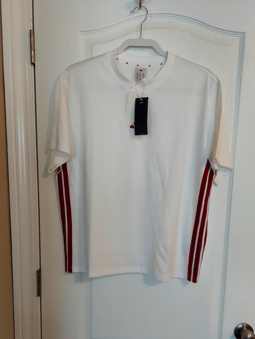 New adidas White Short Sleeve Tee with Red Side Stripes